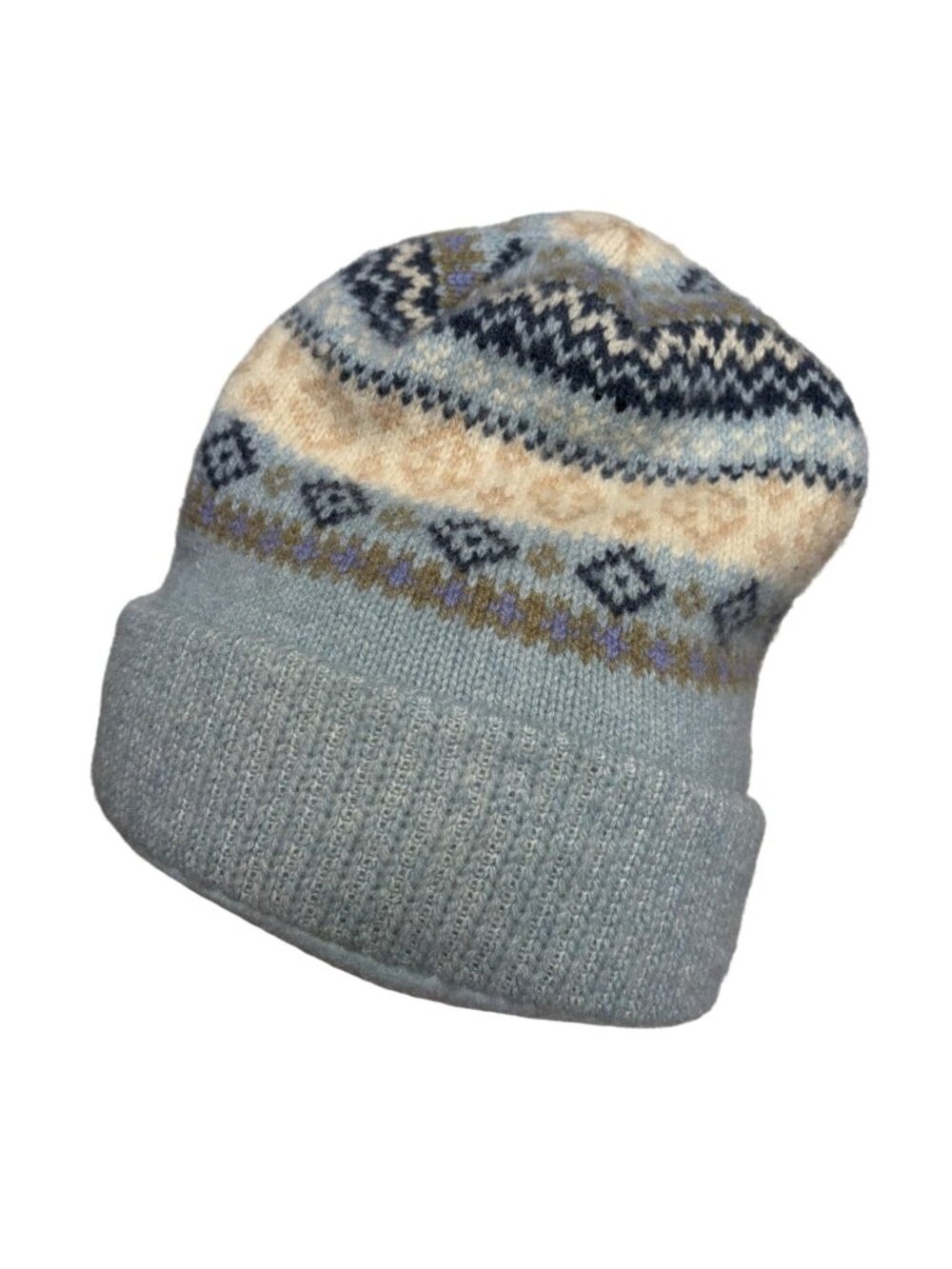 Fair Isle Knit Wool Blend Winter Hat Blue Beige Fleece Lined Ski Hat Berkshire